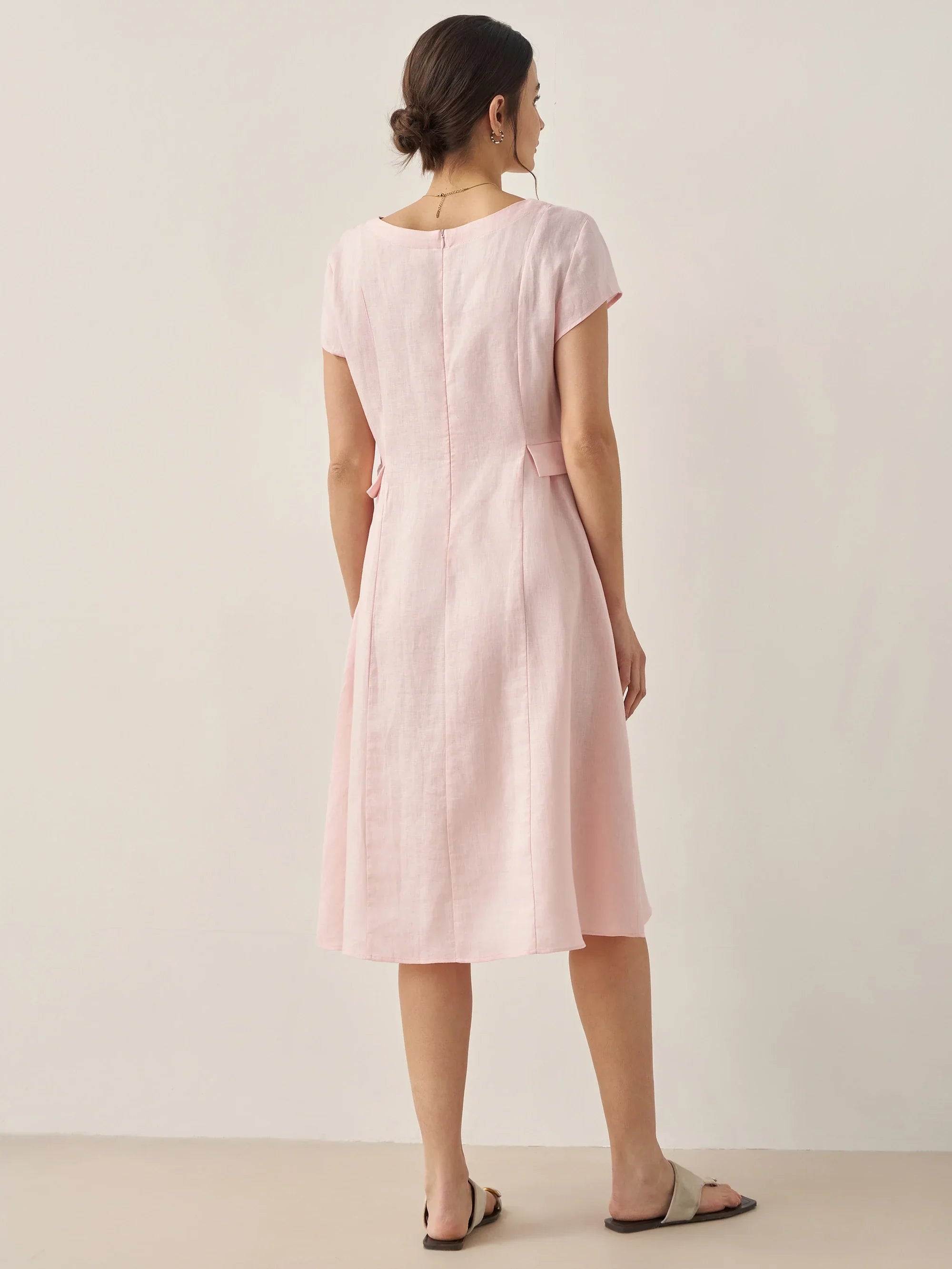 100% Linen Natural Summer V-Neck Dress - DRESSES-Linen Midi