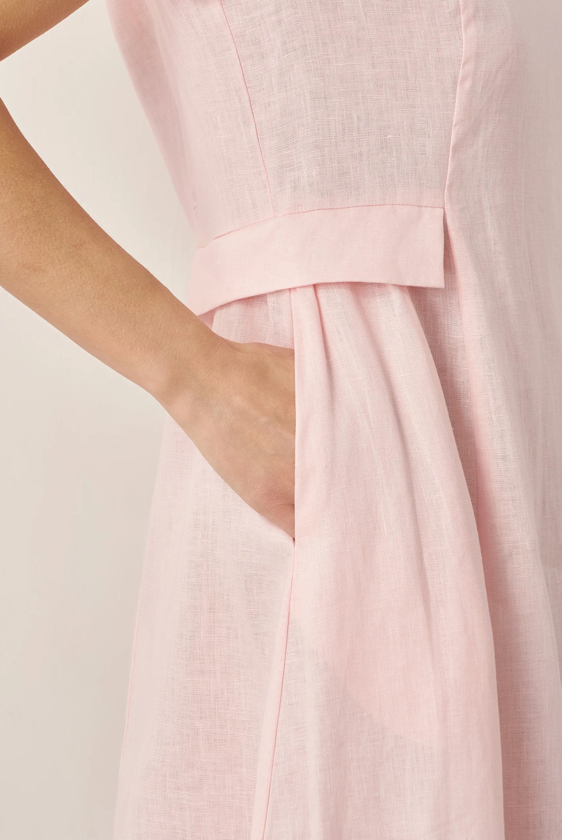 100% Linen Natural Summer V-Neck Dress - DRESSES-Linen Midi