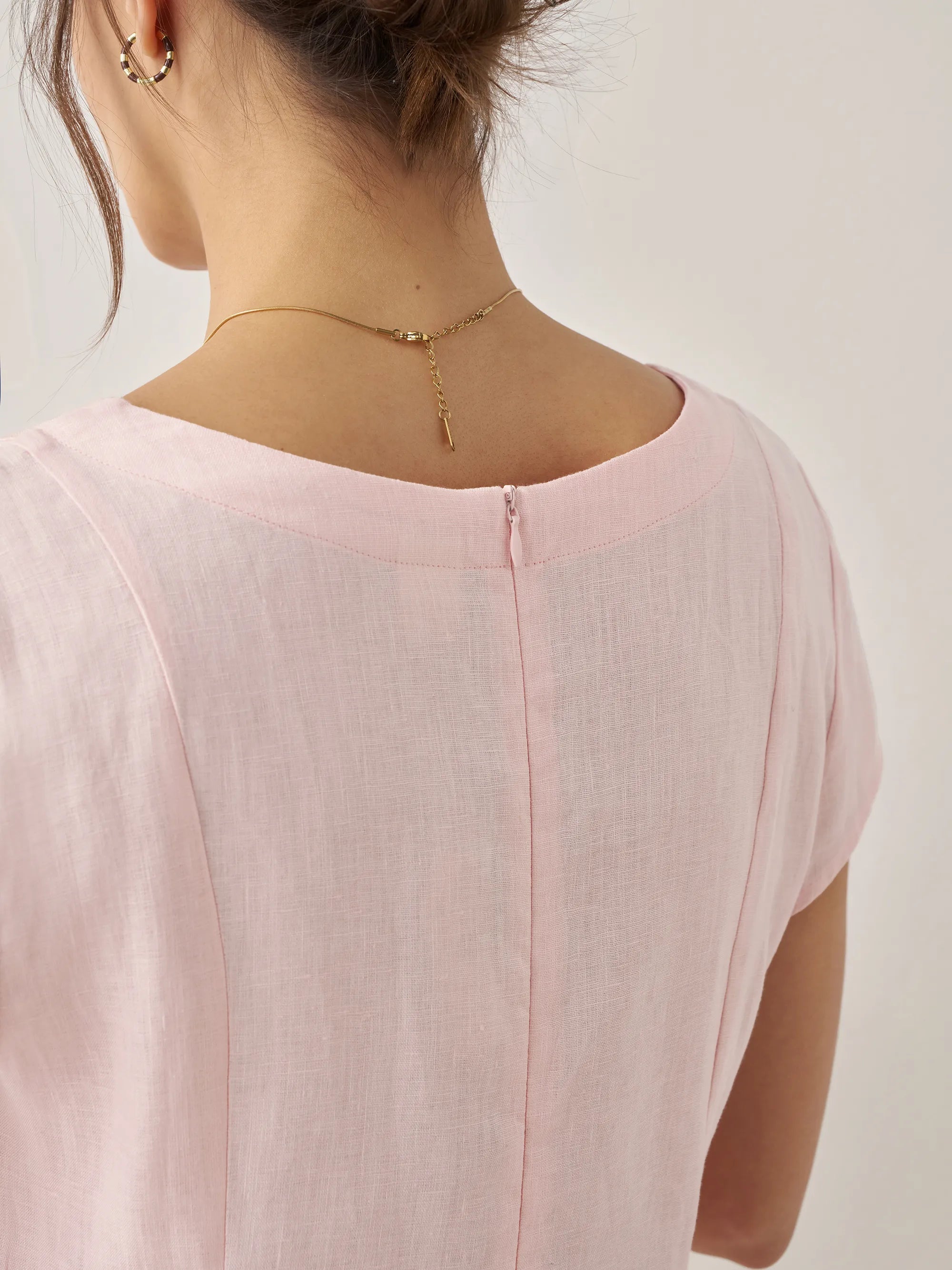 100% Linen Natural Summer V-Neck Dress - DRESSES-Linen Midi