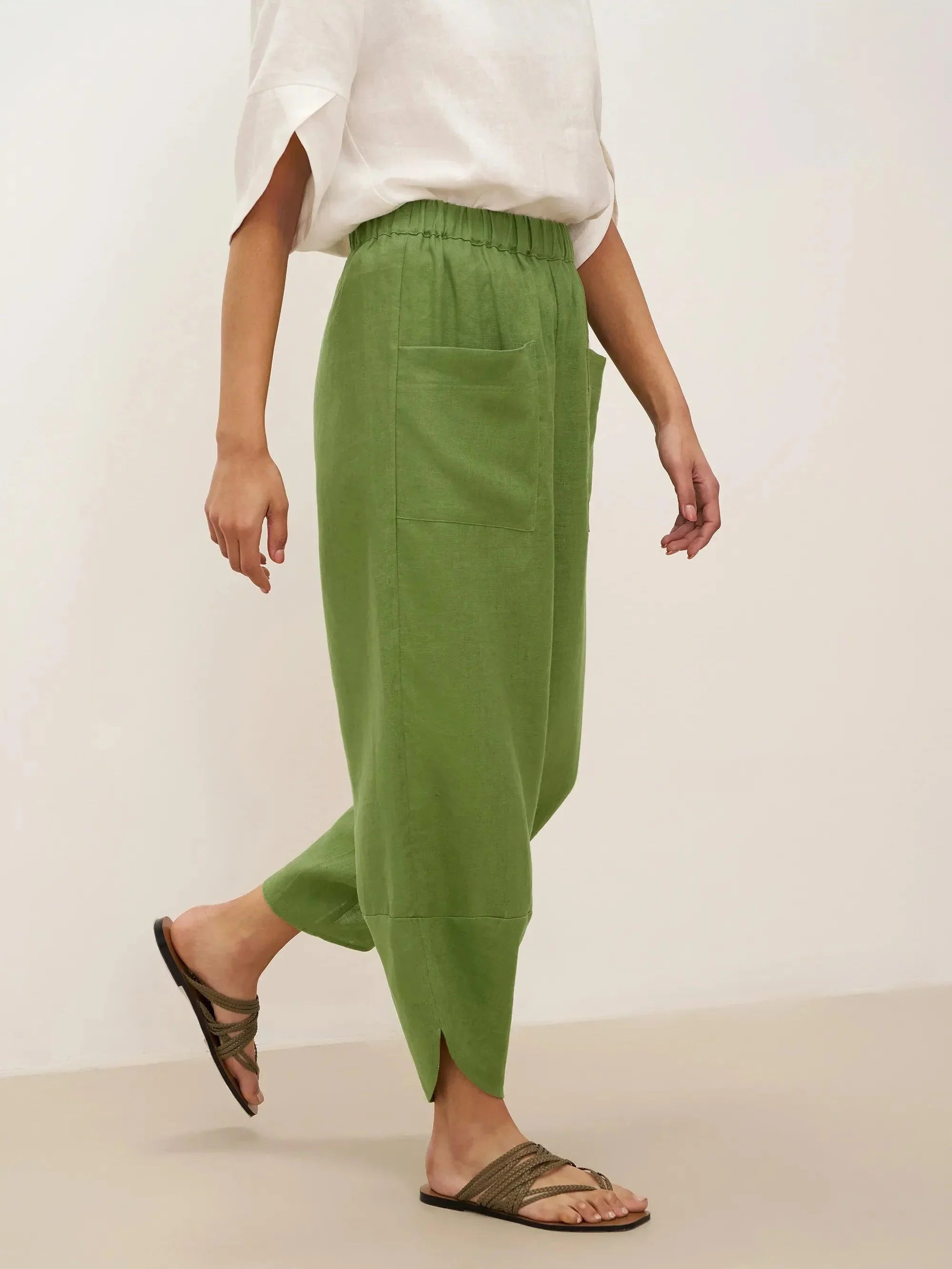 100% Linen Petal-Hem Trousers with Elastic Waist LIV - BOTTOMS-Linen Pants