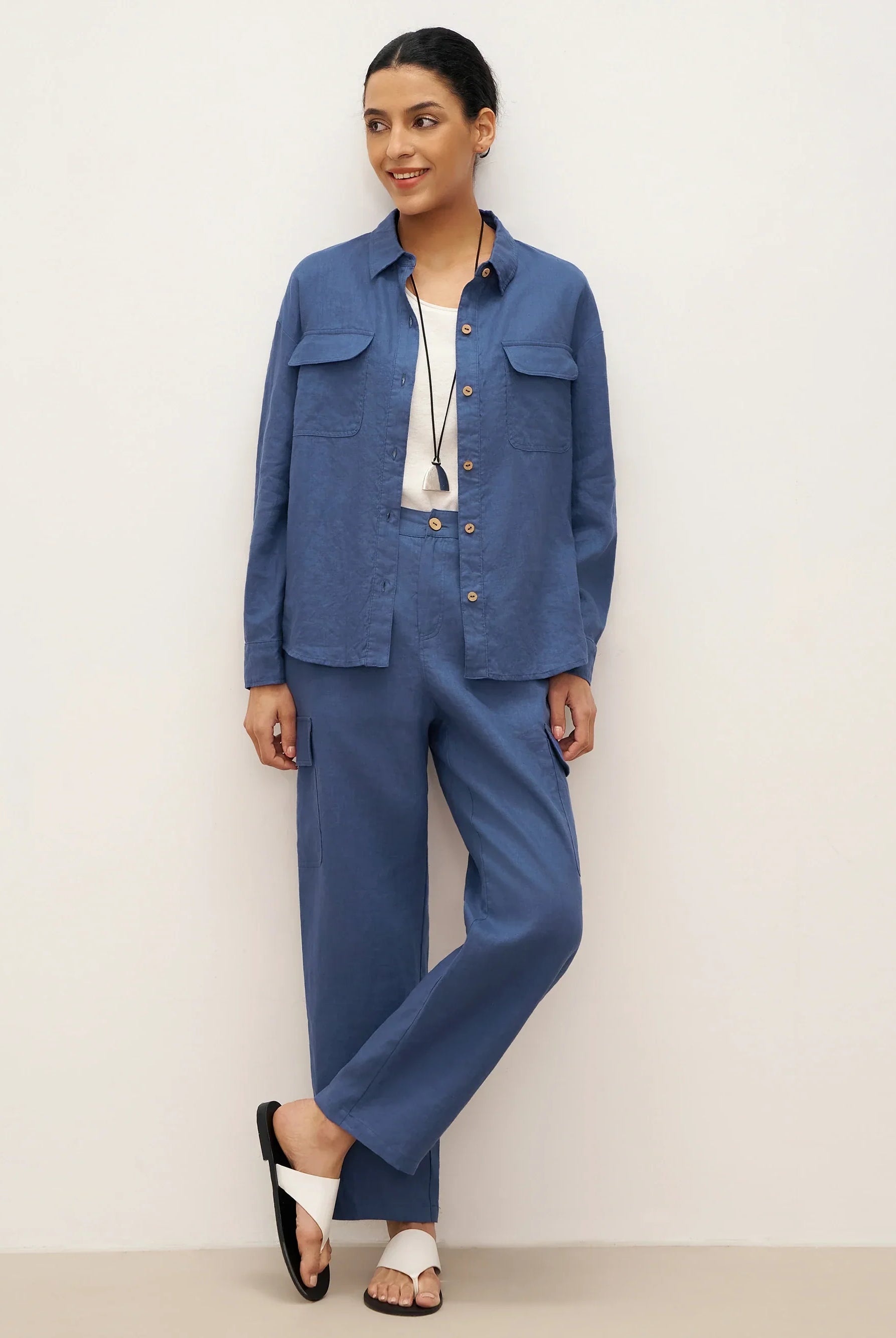 100% Linen Flap-Patch Buttoned Closure Shirt Jacket JANE - TOPS-Linen Blouses