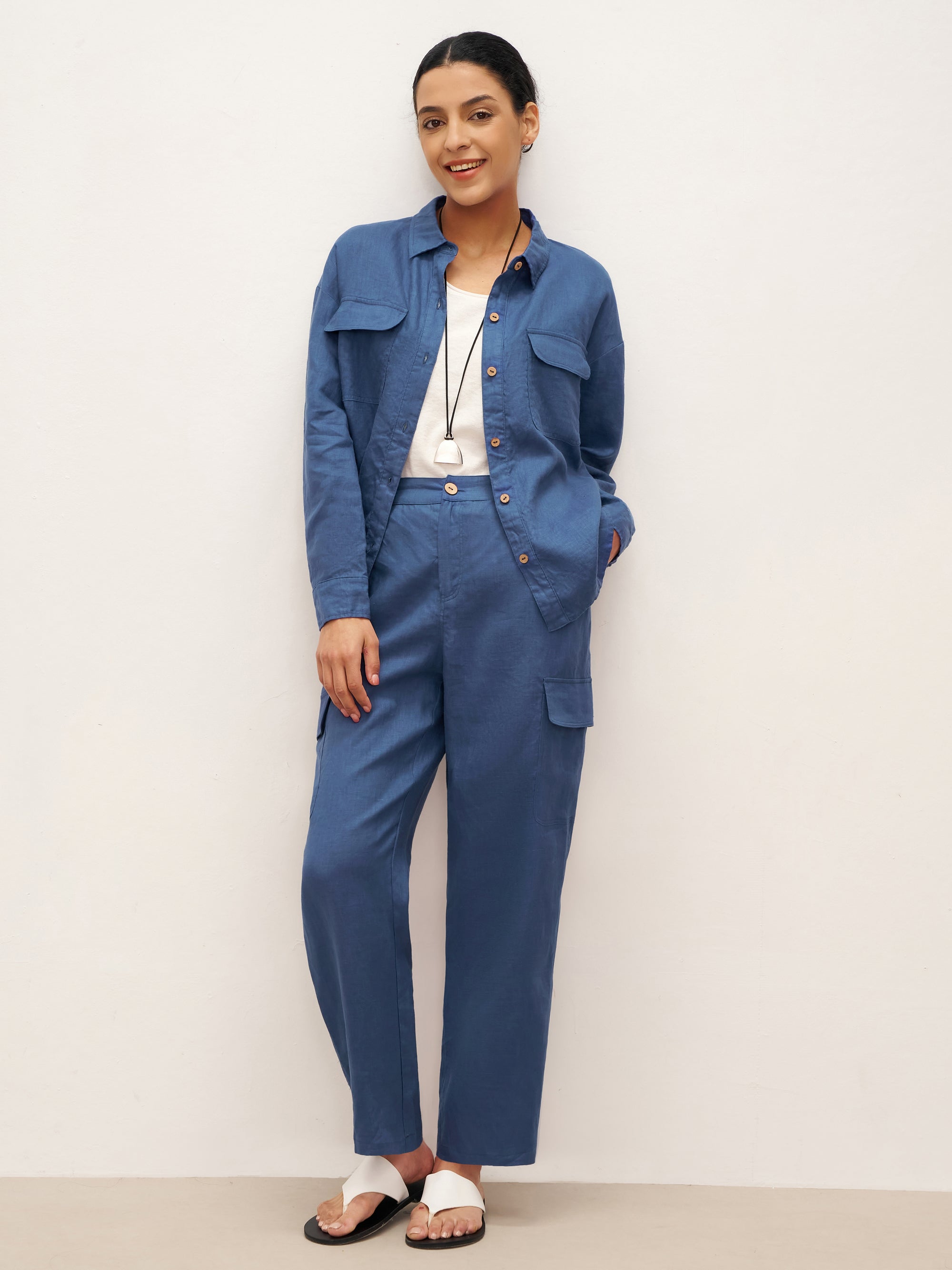 100% Linen Cargo Tapered Trousers with Patch Pockets JESSE - BOTTOMS-Linen Pants