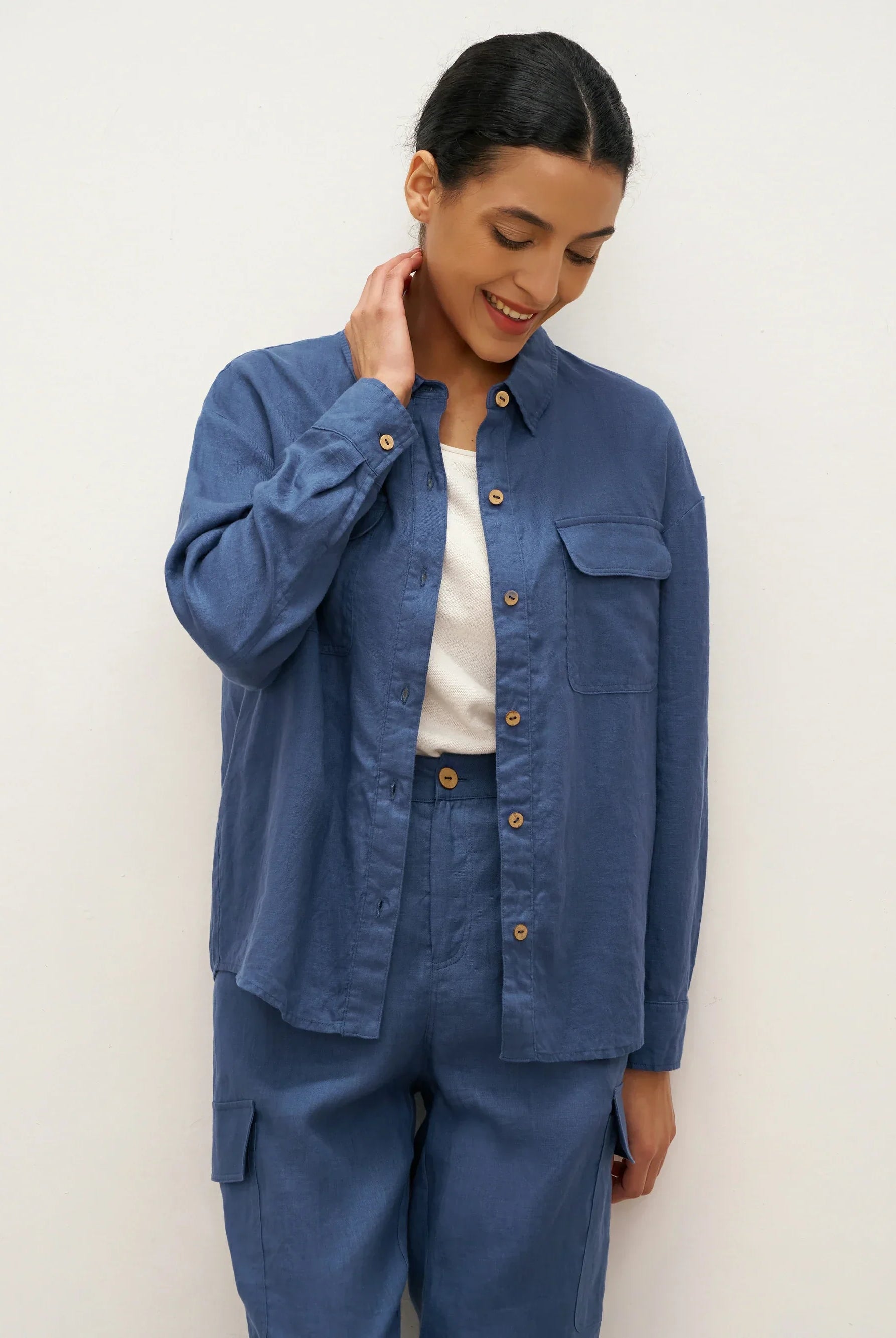100% Linen Flap-Patch Buttoned Closure Shirt Jacket JANE - TOPS-Linen Blouses