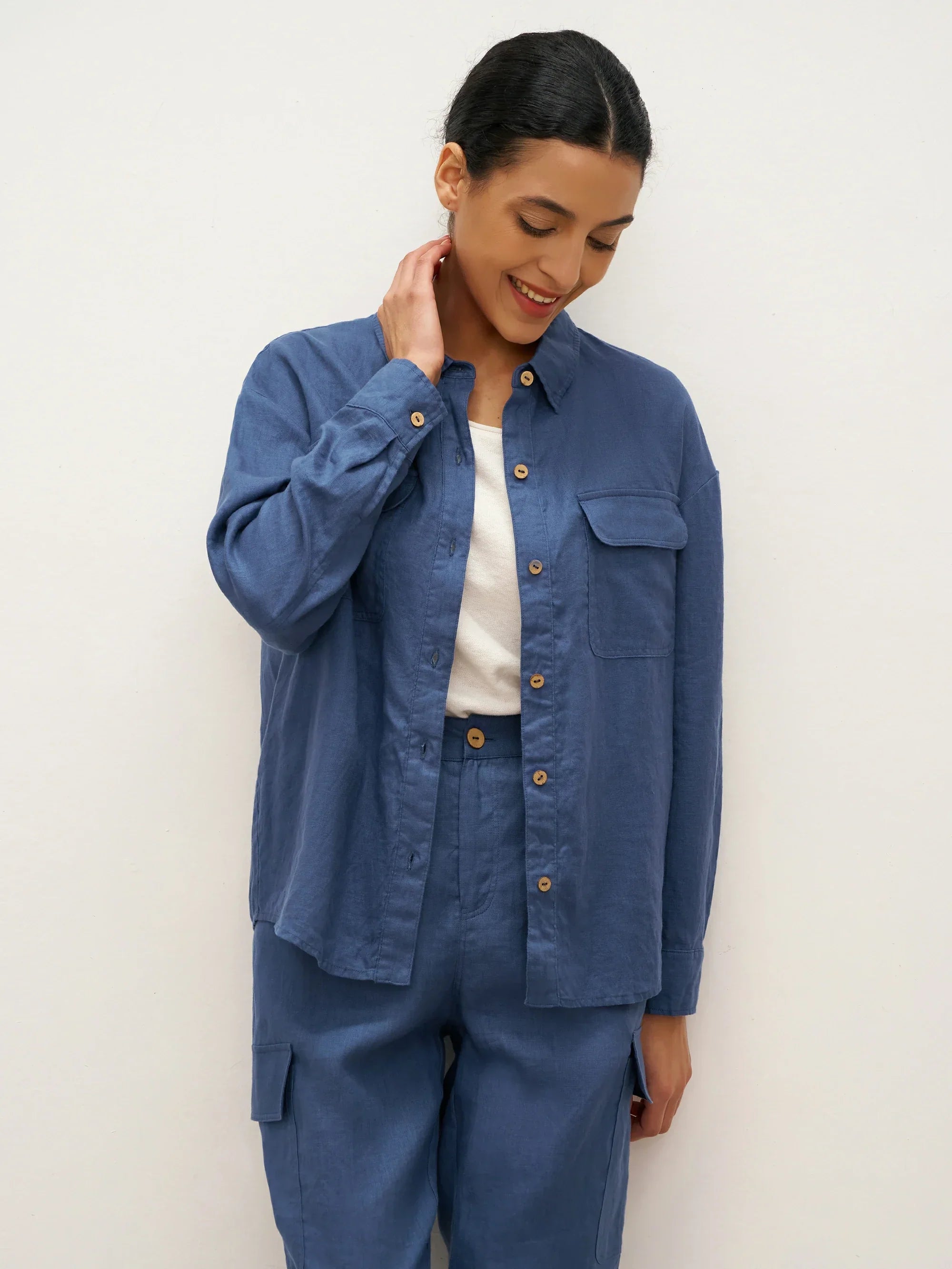100% Linen Flap-Patch Buttoned Closure Shirt Jacket JANE - TOPS-Linen Blouses