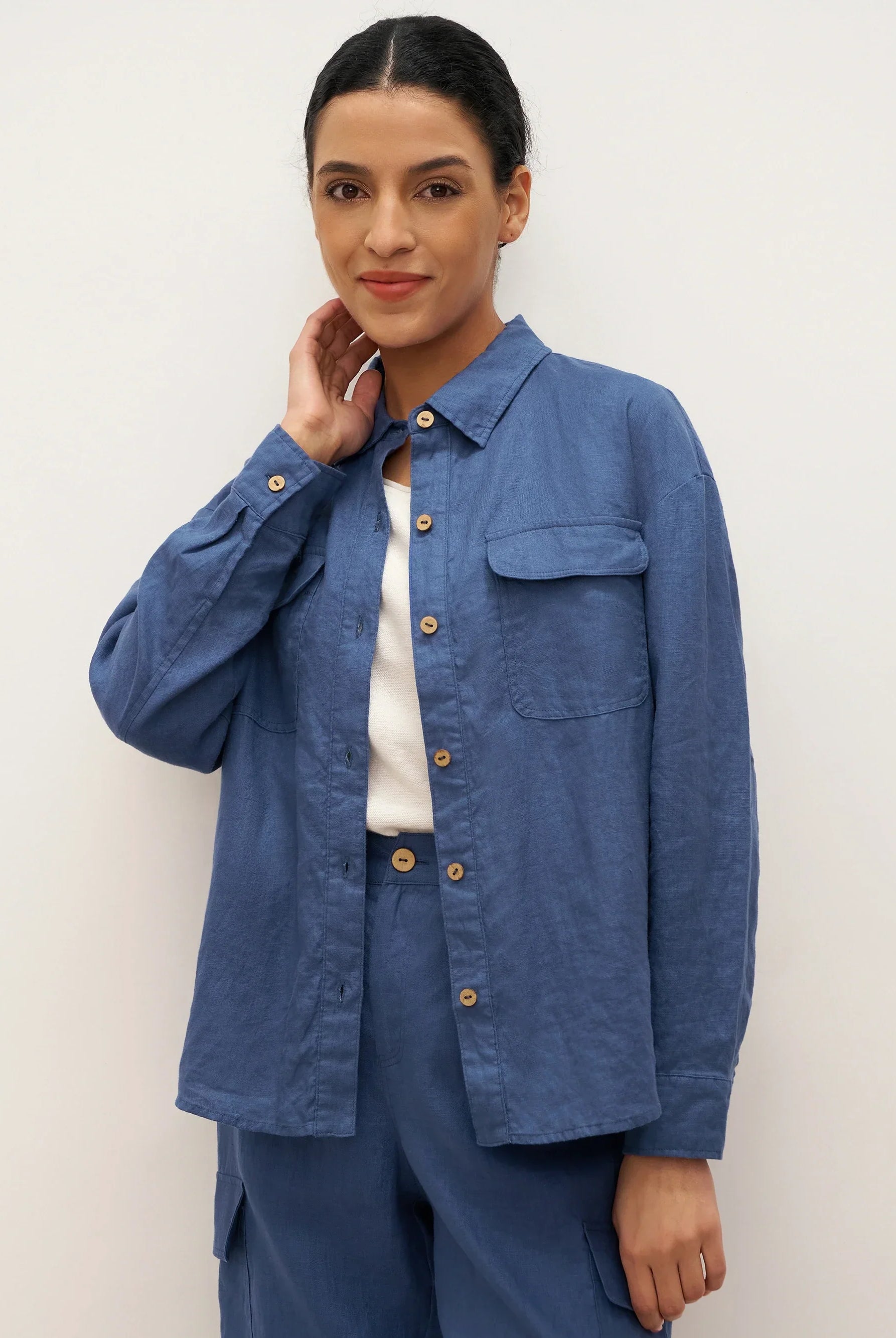 100% Linen Flap-Patch Buttoned Closure Shirt Jacket JANE - TOPS-Linen Blouses