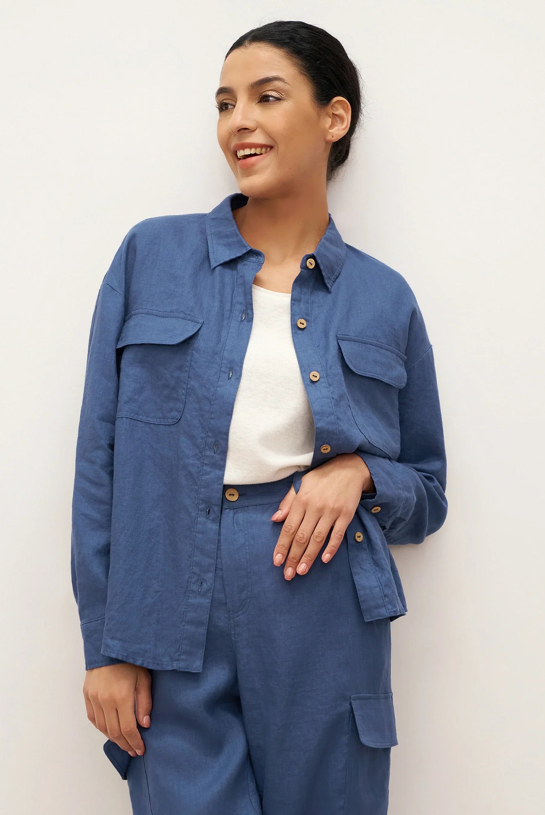 100% Linen Flap-Patch Buttoned Closure Shirt Jacket JANE - Nautical Blue / S - TOPS-Linen Blouses