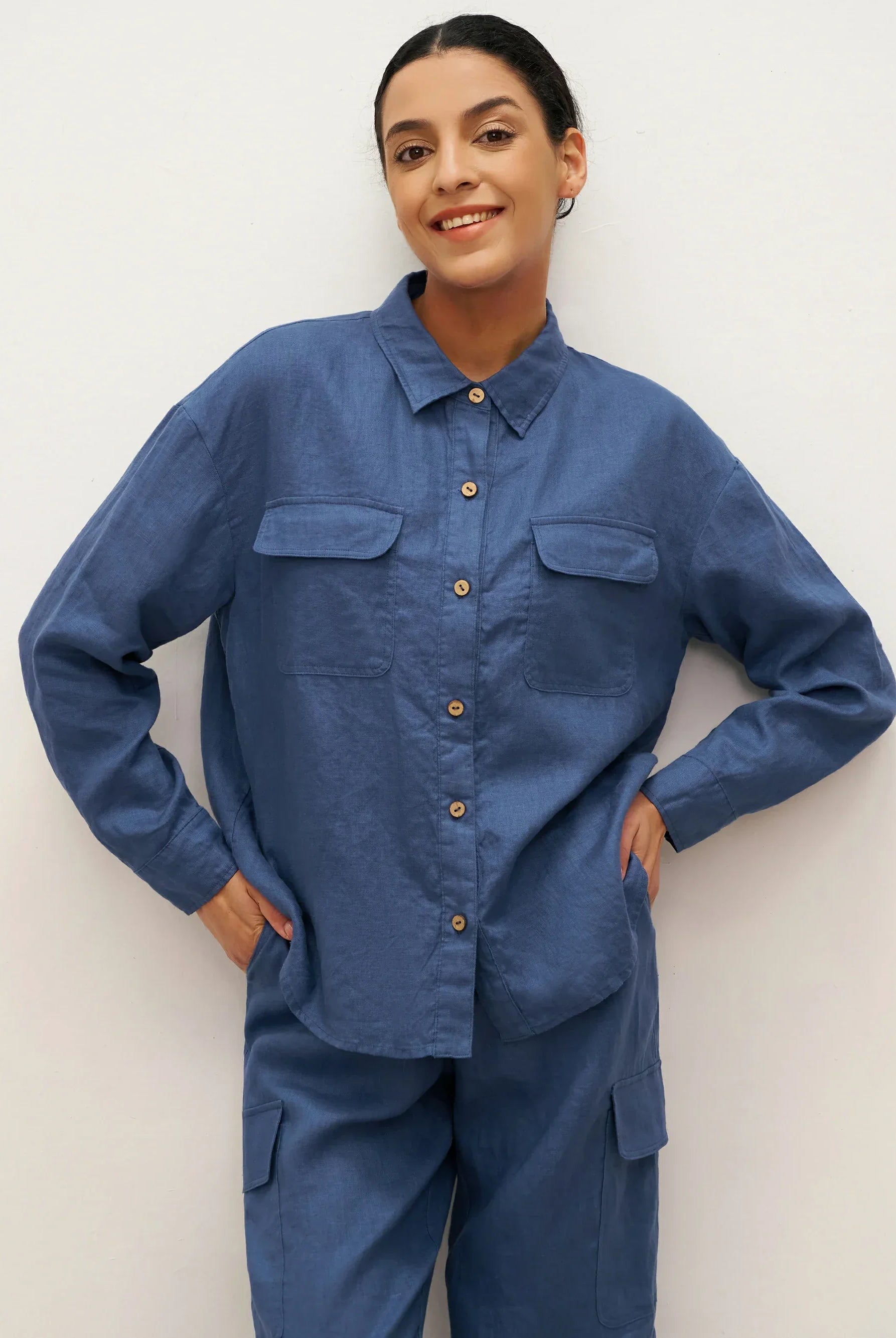 100% Linen Flap-Patch Buttoned Closure Shirt Jacket JANE - TOPS-Linen Blouses