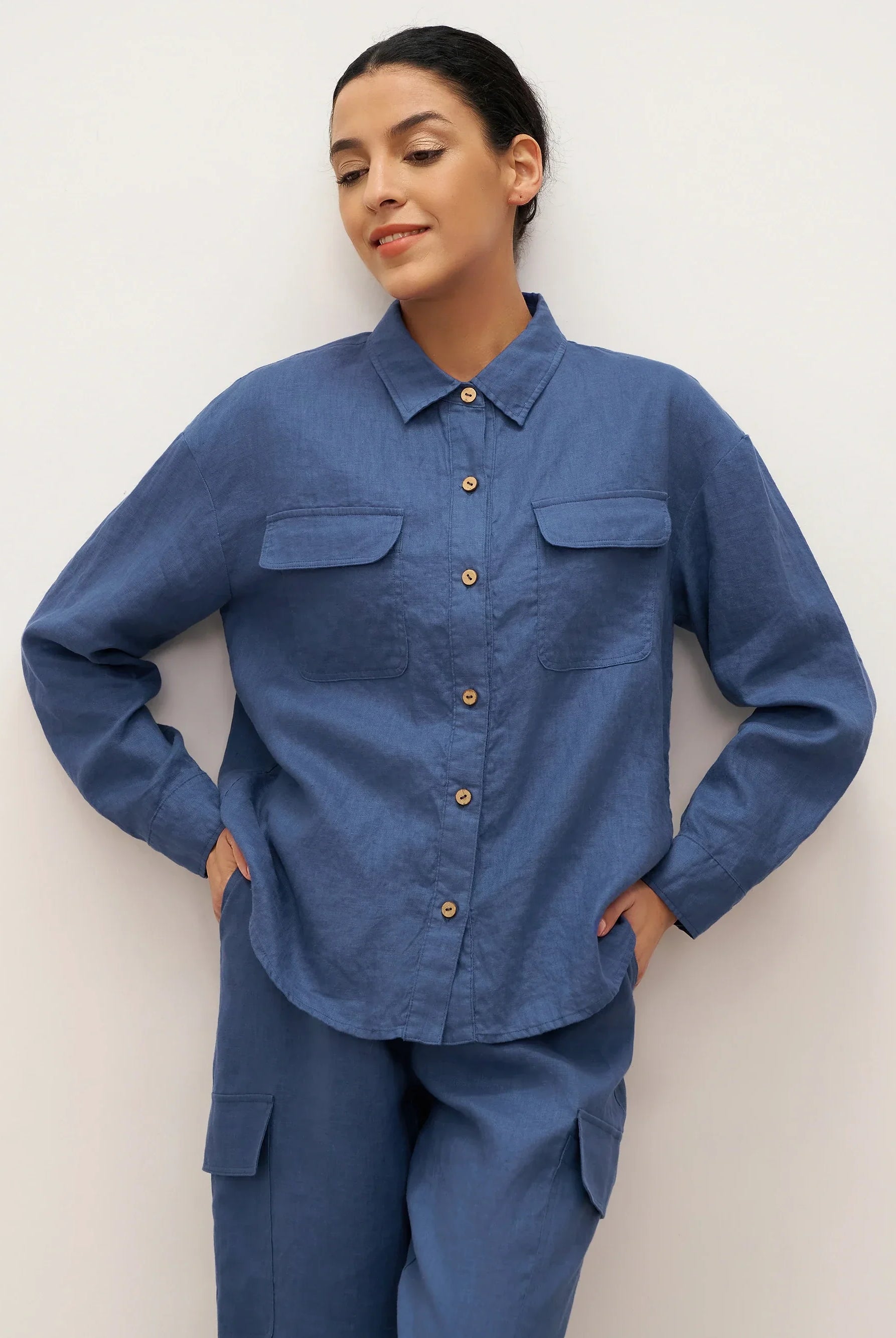 100% Linen Flap-Patch Buttoned Closure Shirt Jacket JANE - TOPS-Linen Blouses