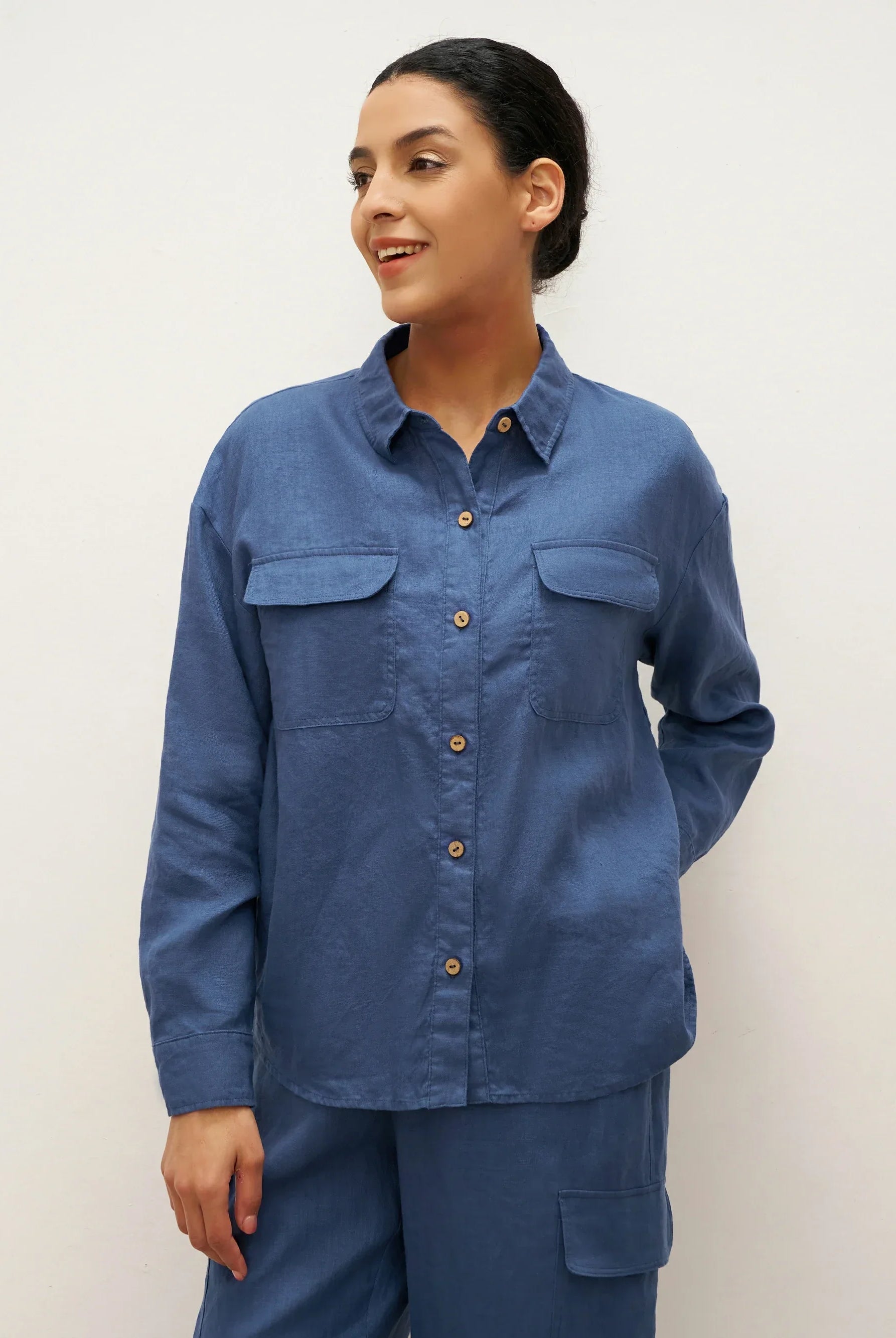 100% Linen Flap-Patch Buttoned Closure Shirt Jacket JANE - TOPS-Linen Blouses