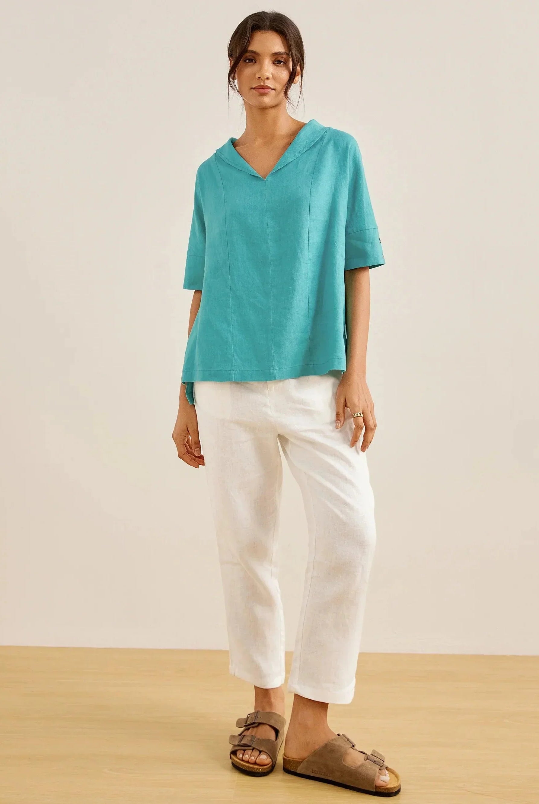 Linen V Neck Short Sleeve Shirt - TOPS-Linen Blouses