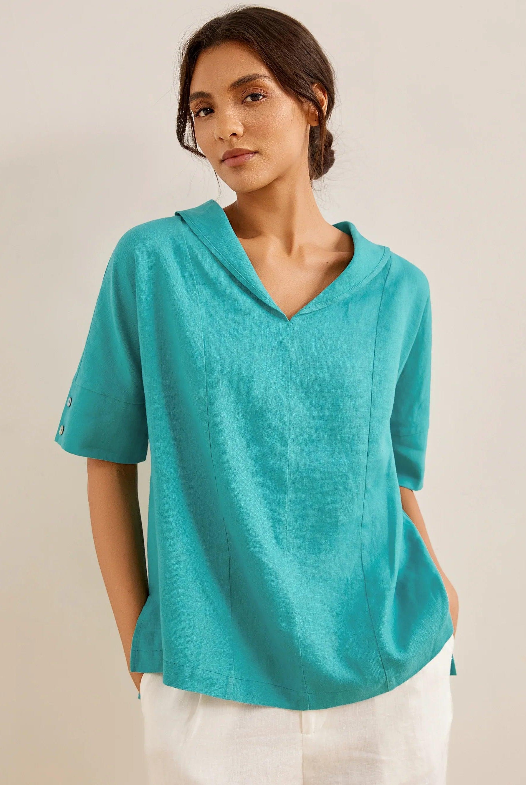 100% Linen V-Neck Short Sleeve Shirt SIERRA - Mint Lagoon / XS - TOPS-Linen Blouses