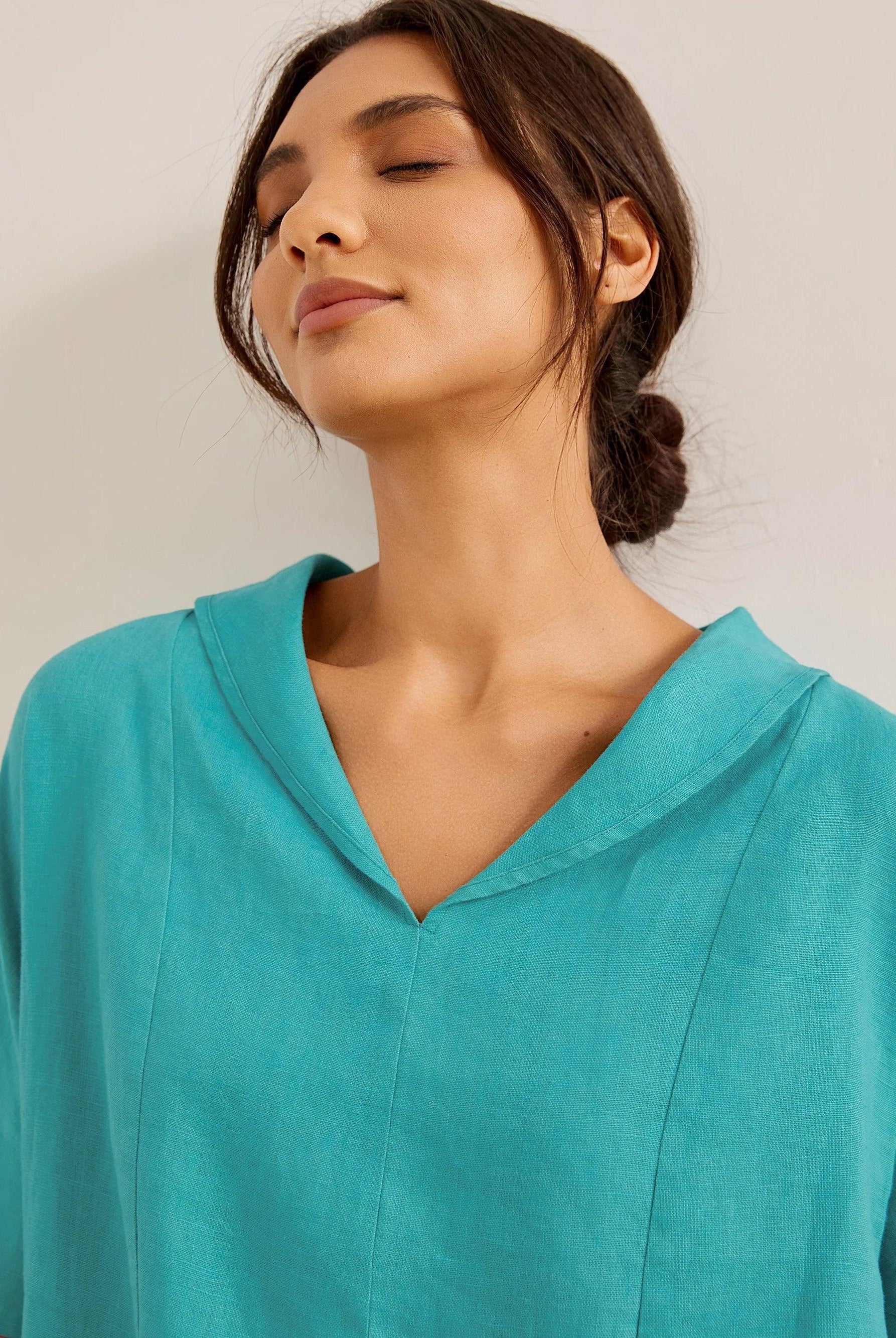 100% Linen V-Neck Short Sleeve Shirt SIERRA - TOPS-Linen Blouses
