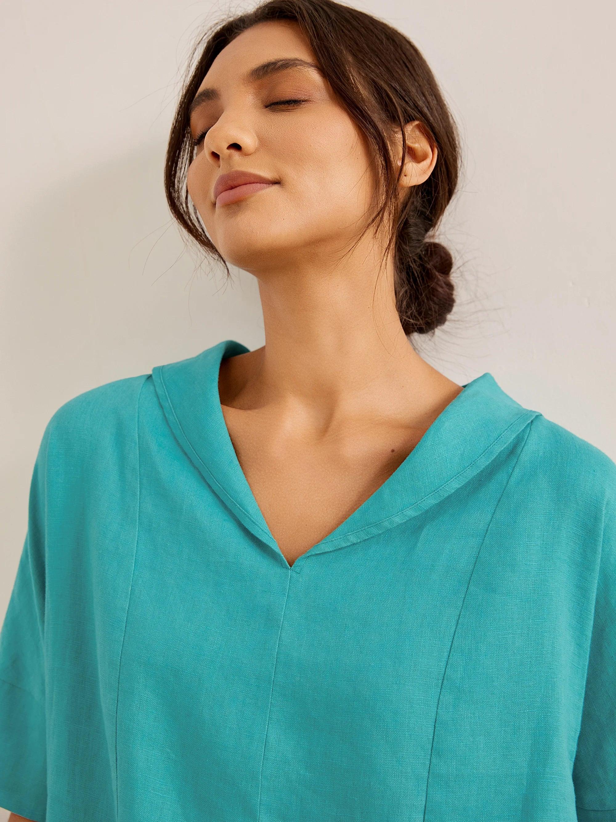 100% Linen V-Neck Short Sleeve Shirt SIERRA - TOPS-Linen Blouses