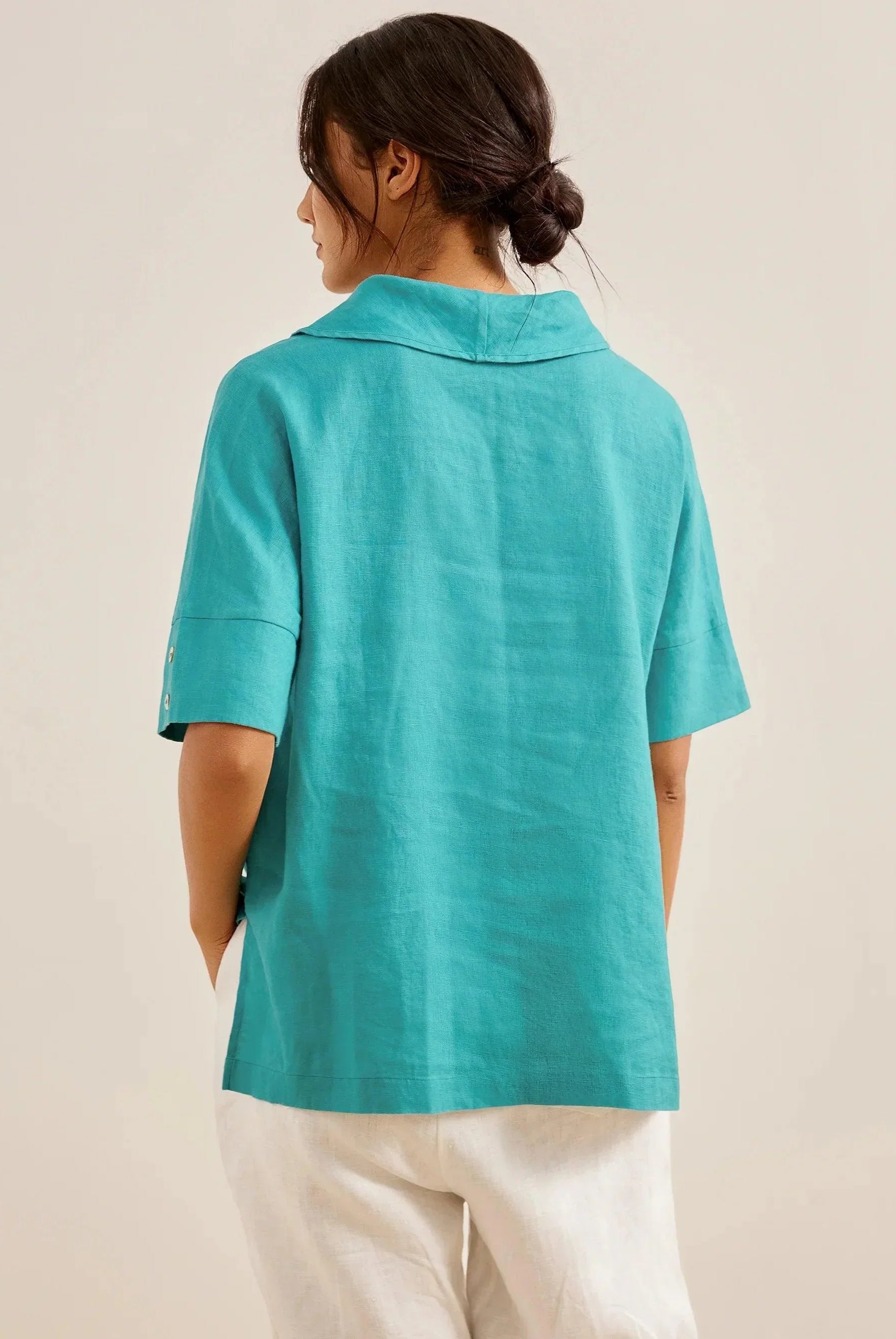 Linen V Neck Short Sleeve Shirt - TOPS-Linen Blouses