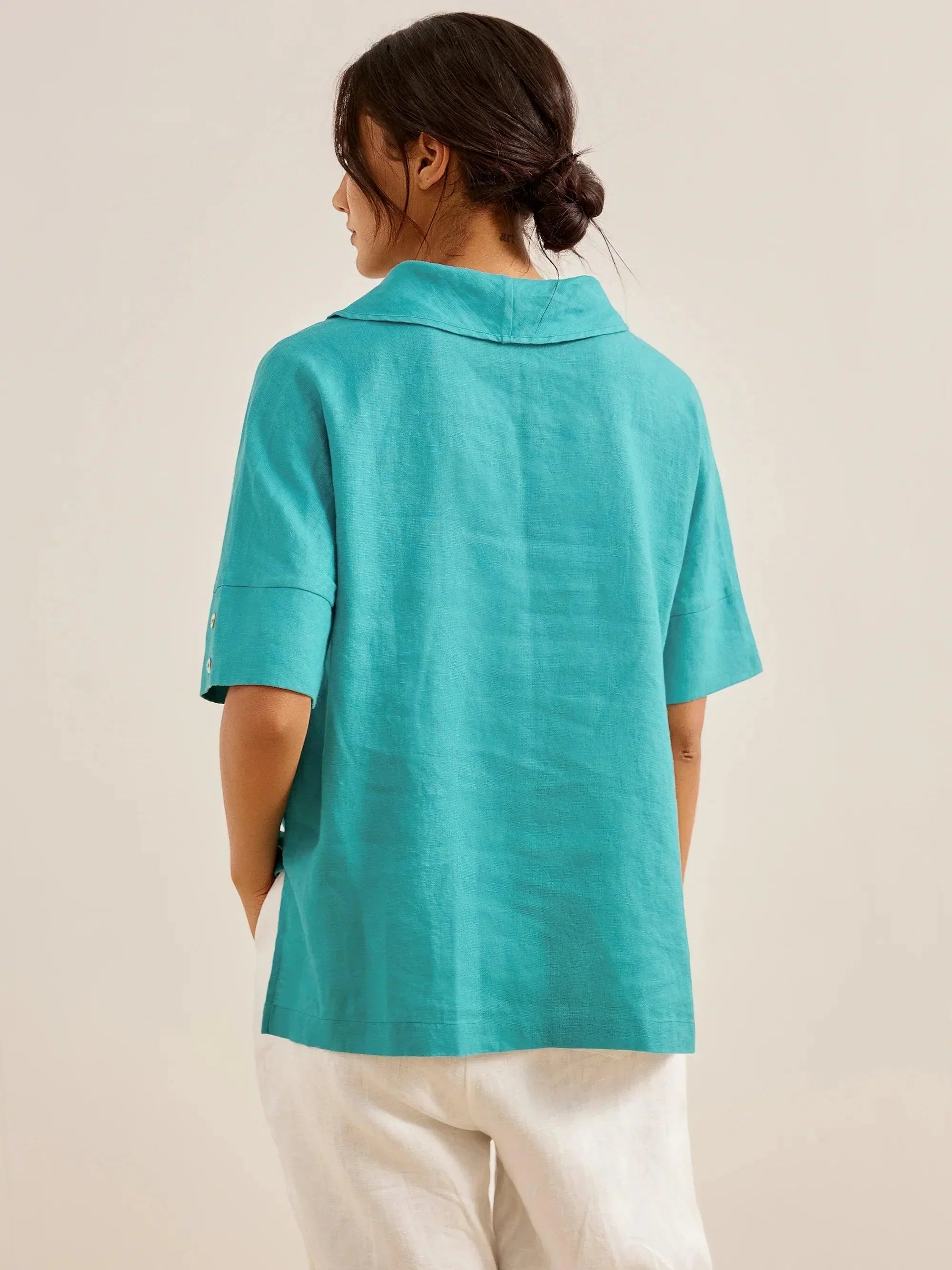 Linen V Neck Short Sleeve Shirt - TOPS-Linen Blouses