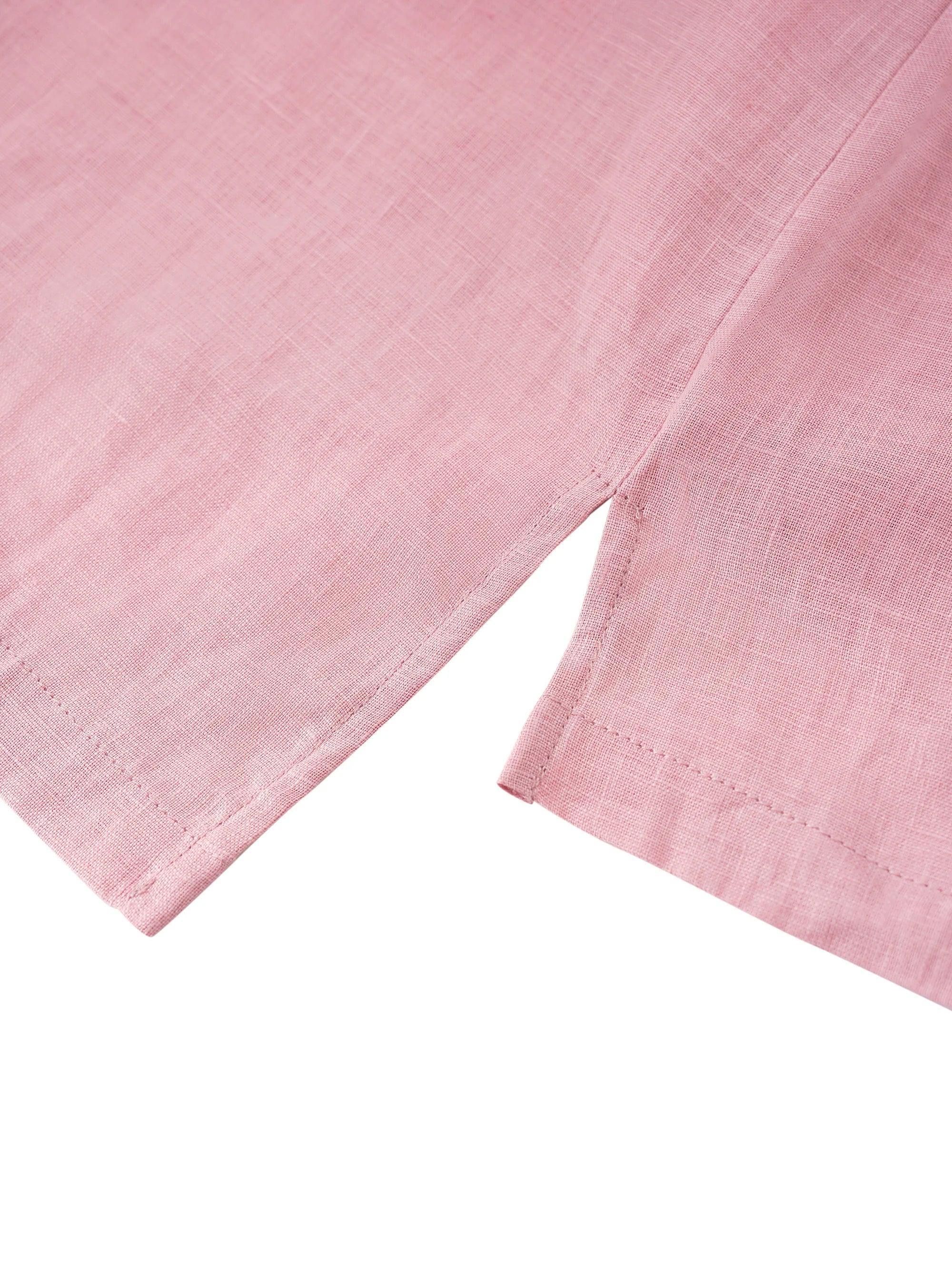 100% Linen Stripe Shawl V-Neck Half Sleeve Top - TOPS-Linen Blouses