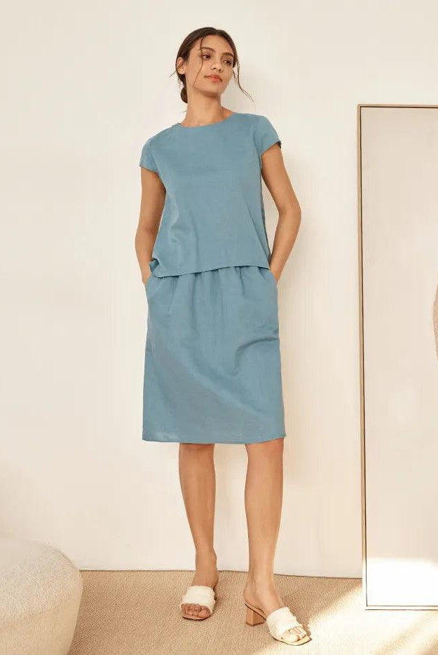 Linen Blend Cap Sleeve Top And Pencil Skirt Set VEDA - SETS-Linen Sets