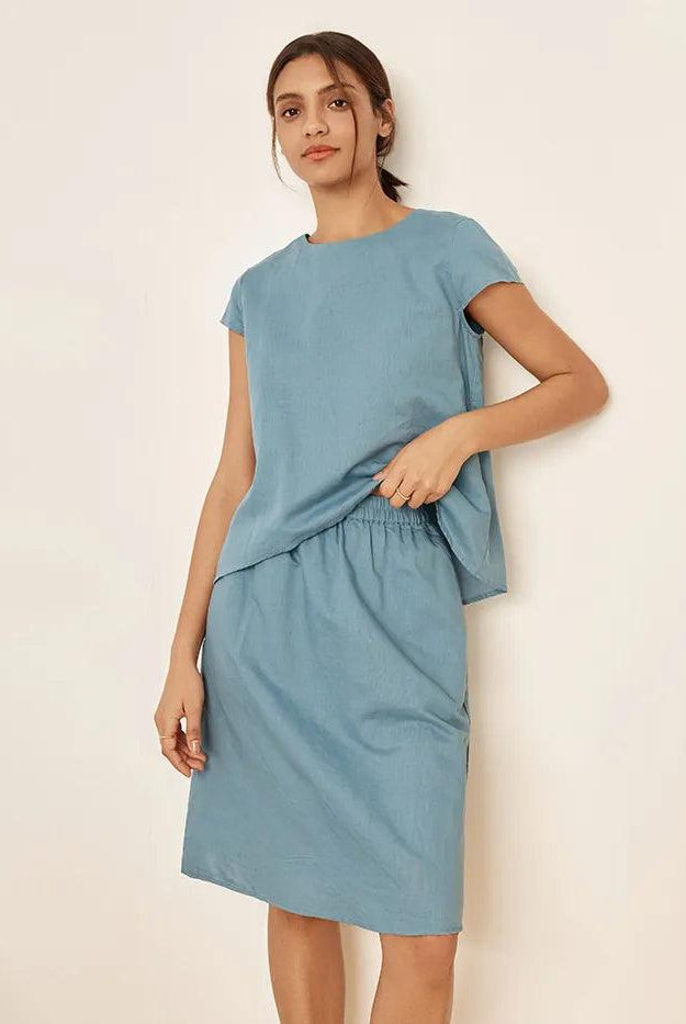 Linen Blend Cap Sleeve Top And Pencil Skirt Set VEDA - Powder Blue / S - SETS-Linen Sets