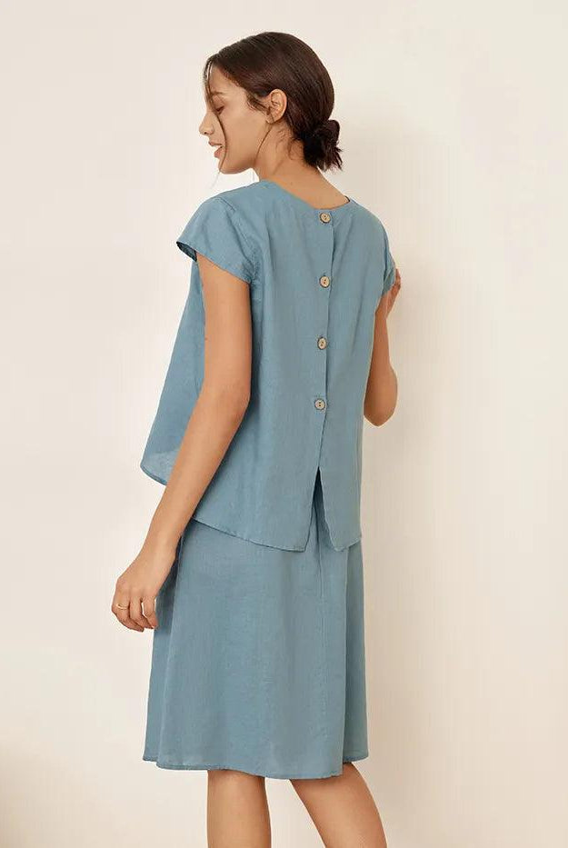Linen Blend Cap Sleeve Top And Pencil Skirt Set VEDA - SETS-Linen Sets