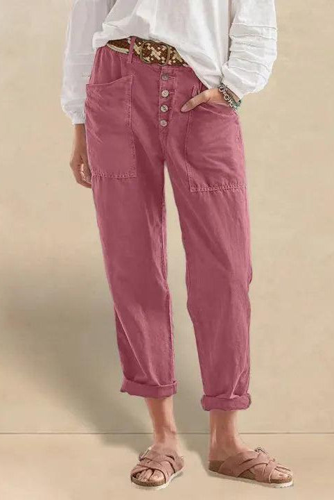 Linen Simple Button Fly Trousers HEIDI - Raspberry Pink / XS - BOTTOMS-Linen Pants