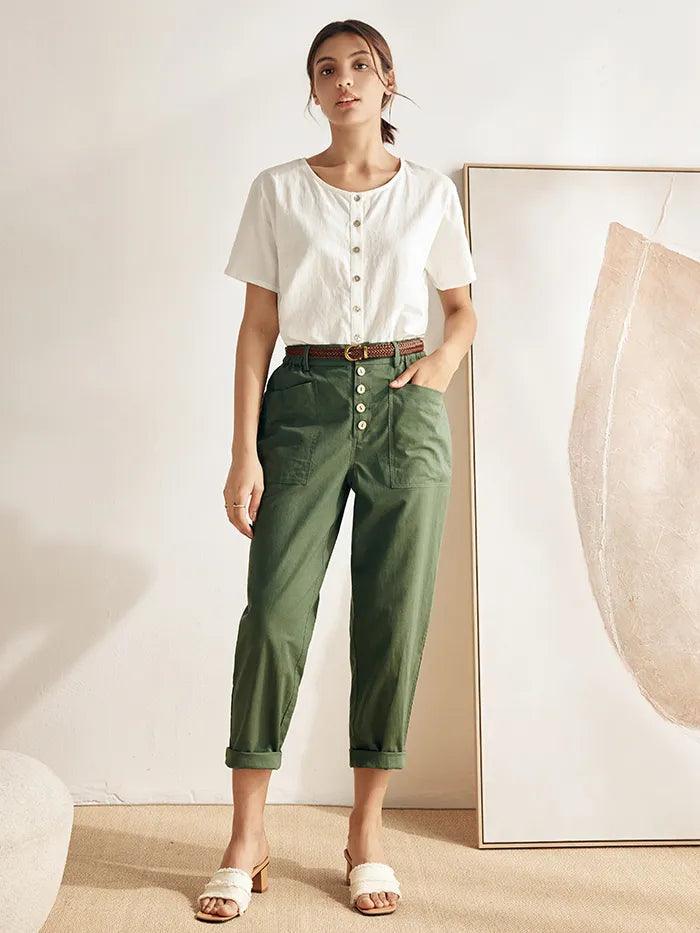 Linen Wide Short-Sleeved Top SERAPHINA - TOPS-Linen Button Down Shirts
