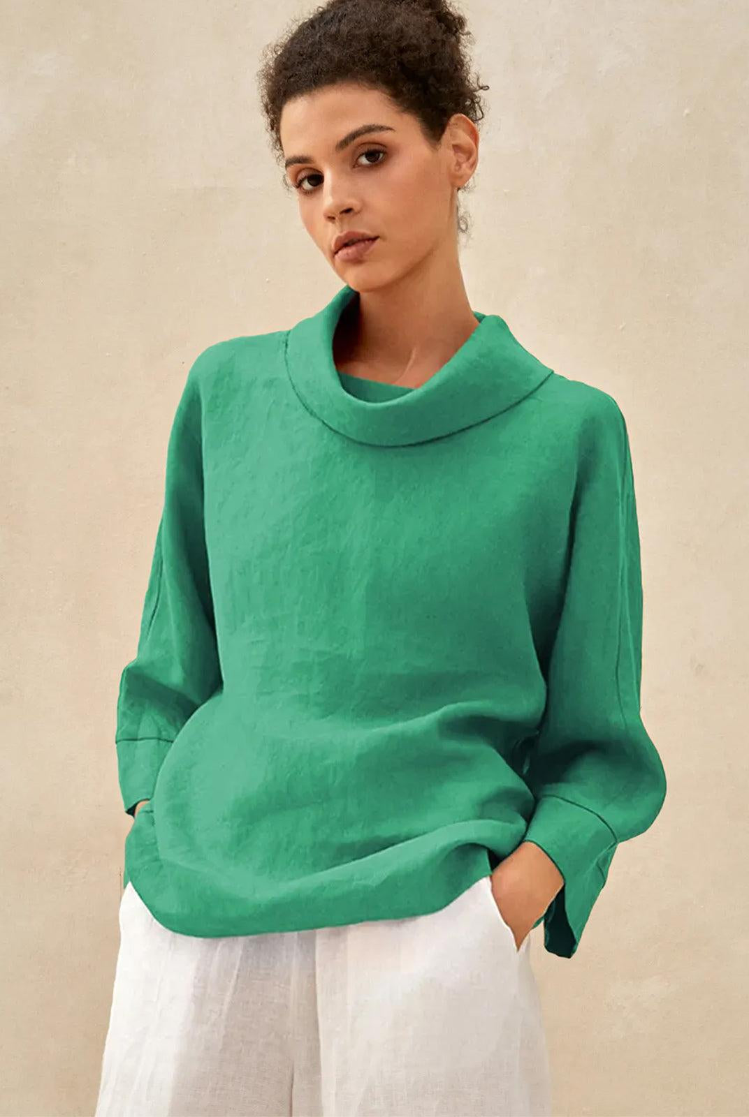 100% Linen Dropped Collar Long-Sleeve Top TRISTAN - Irish Green / S - TOPS-Linen Blouses