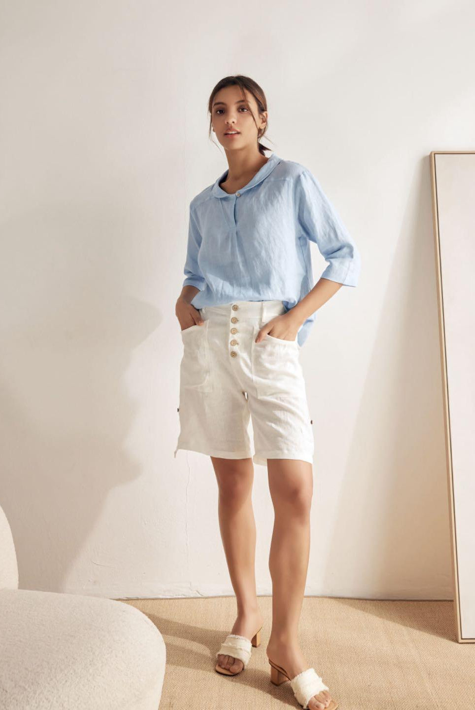 100% Linen Stripe Shawl V-Neck Half Sleeve Top - TOPS-Linen Blouses