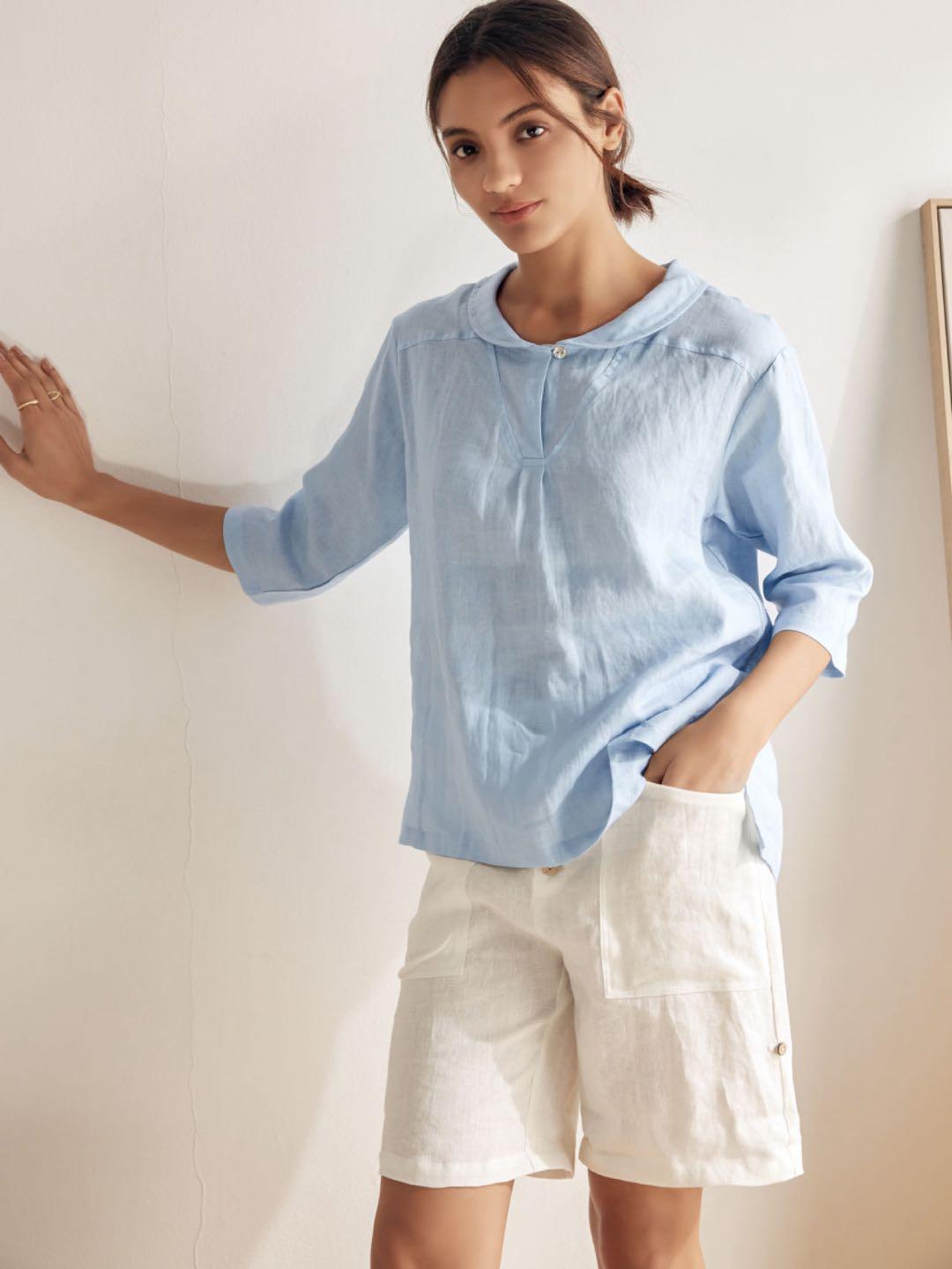 JADE 100% Linen Shawl V-Neck Half Sleeve Top - TOPS-Linen Blouses
