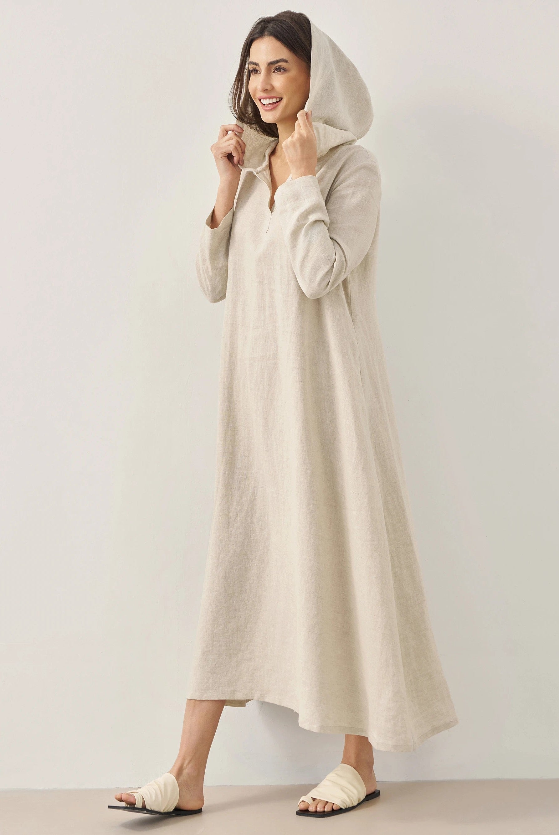 100% LINEN HOODED PULLOVER MAXI DRESS
