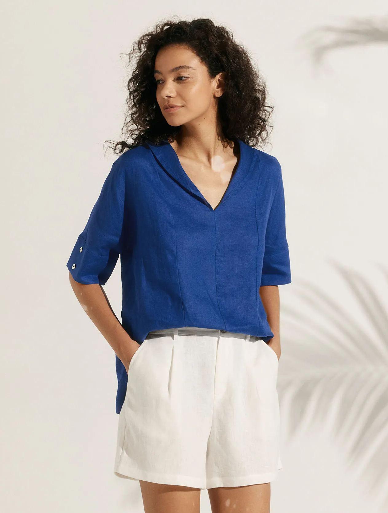 Linen V Neck Short Sleeve Shirt - Royal Blue / S - TOPS-Linen Blouses