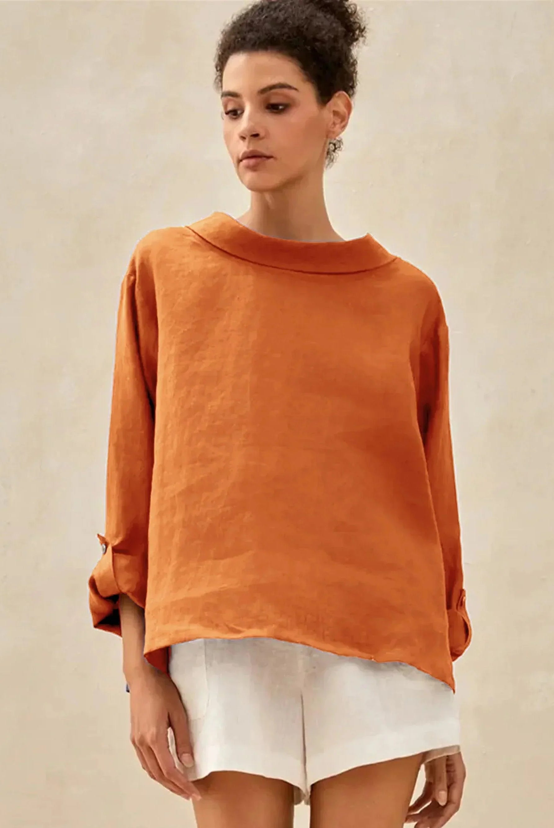 100% Linen Draped Neck Top HOLLIS - Sun Orange / S - TOPS-Linen Blouses