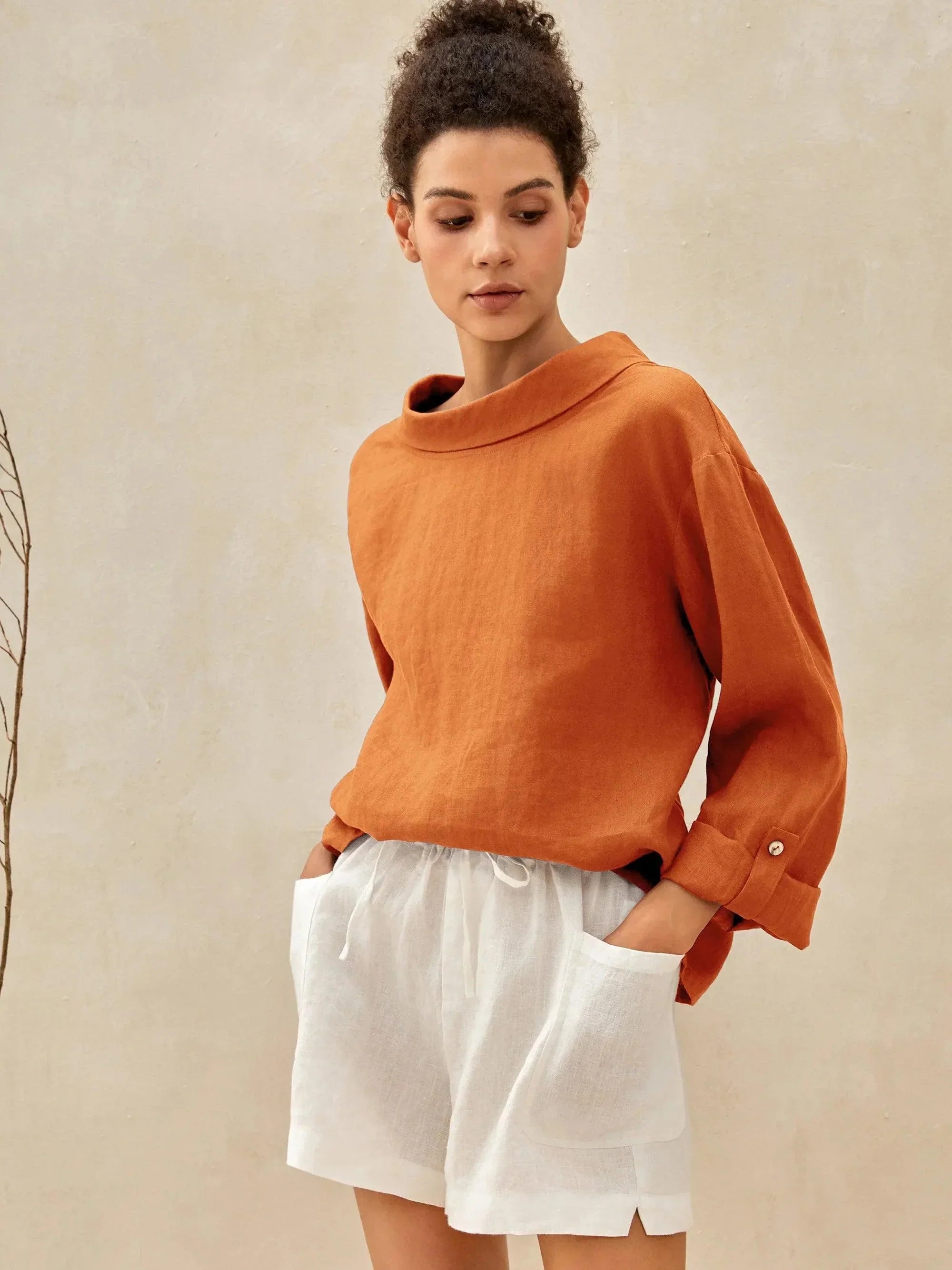 100% Linen Draped Neck Top HOLLIS - TOPS-Linen Blouses