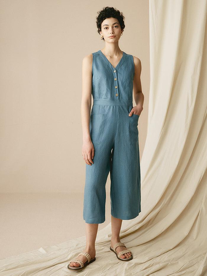 100% Linen V-Neck Jumpsuit - Steel Blue / S - sets & jumpsuits