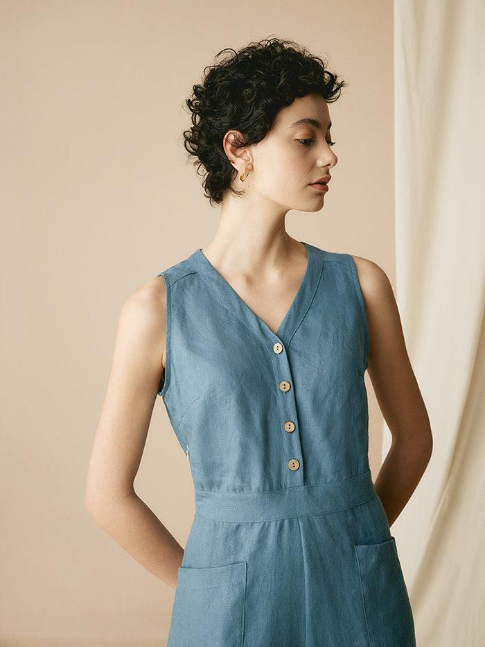 100% Linen V-Neck Jumpsuit - sets & jumpsuits