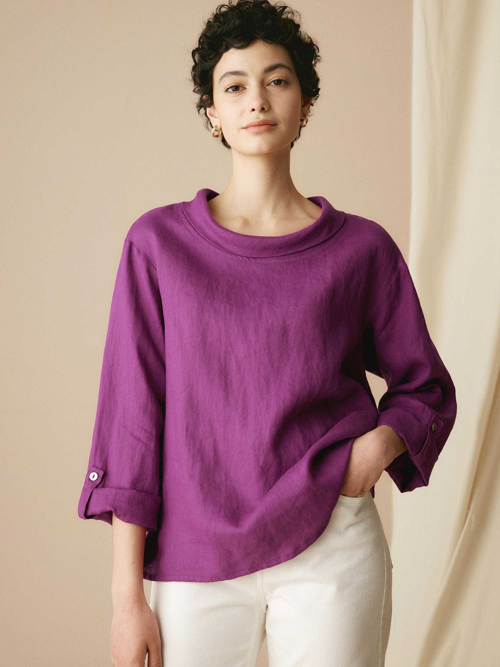 100% Linen Draped Neck Top HOLLIS - TOPS-Linen Blouses