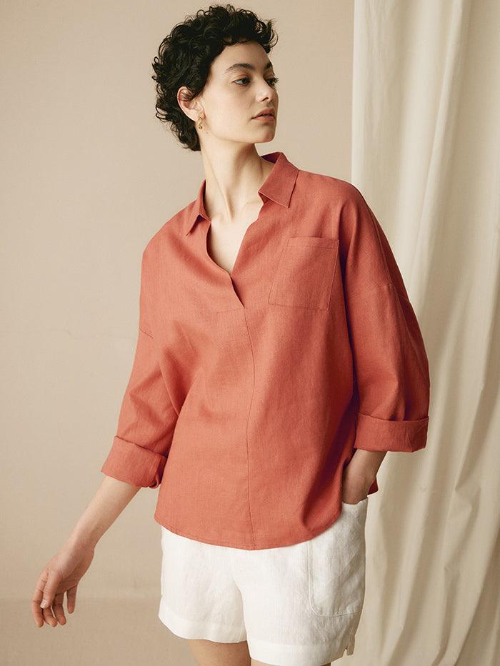 Linen Oversized Fit Pocket Shirt ELOWEN - TOPS-Linen Blouses