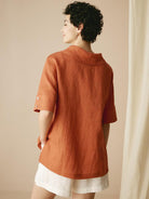 100% Linen V-Neck Short Sleeve Shirt SIERRA - TOPS-Linen Blouses