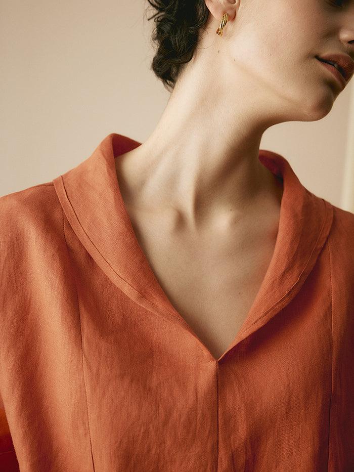 100% Linen V-Neck Short Sleeve Shirt SIERRA - TOPS-Linen Blouses