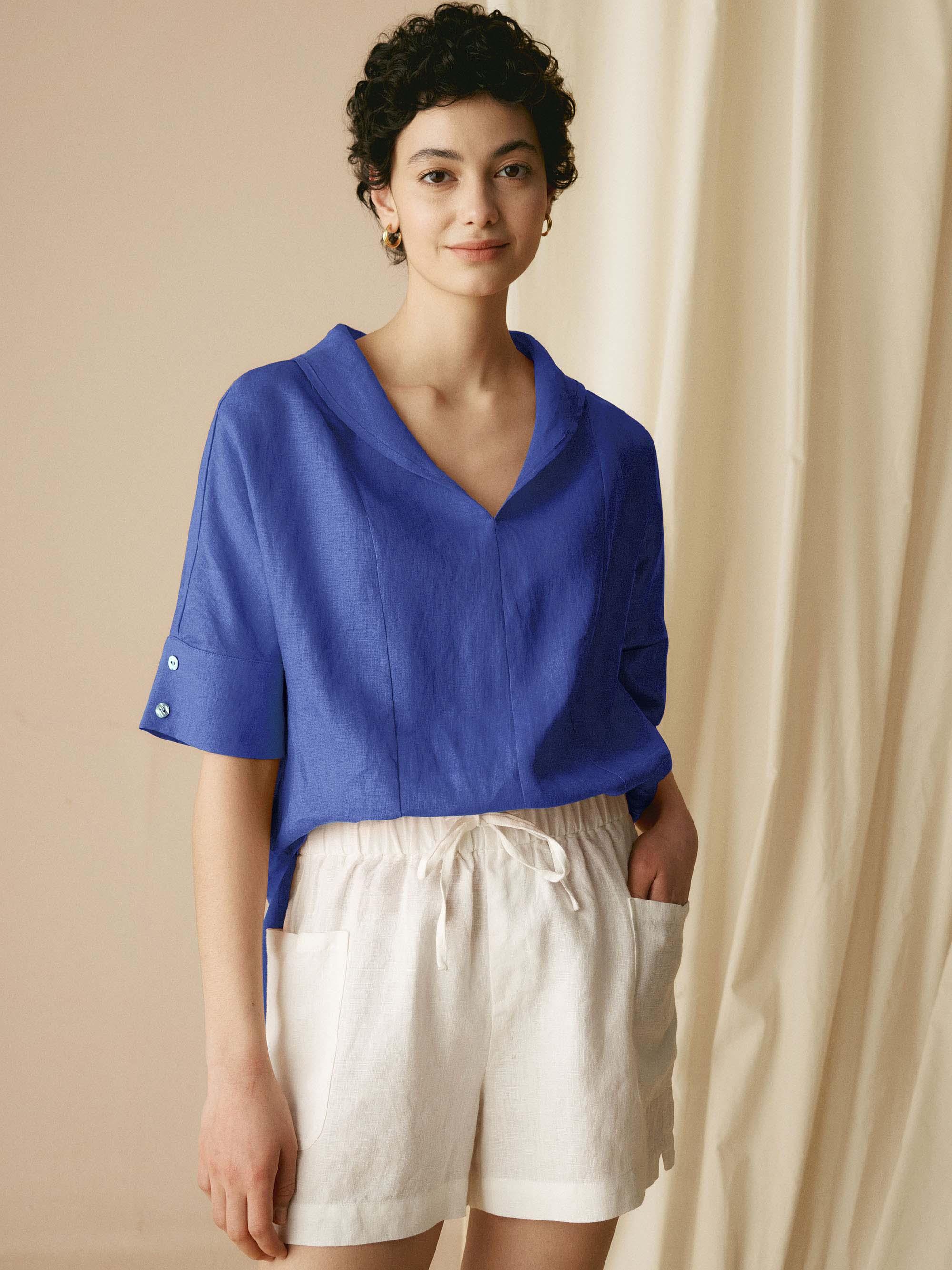 100% Linen V-Neck Short Sleeve Shirt SIERRA - TOPS-Linen Blouses