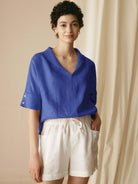 100% Linen V-Neck Short Sleeve Shirt SIERRA - TOPS-Linen Blouses