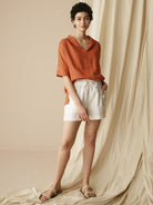 100% Linen V-Neck Short Sleeve Shirt SIERRA - TOPS-Linen Blouses