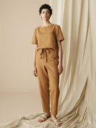 100% Linen Two-Piece Casual Tracksuit - Peanut / S - SETS-Linen Sets