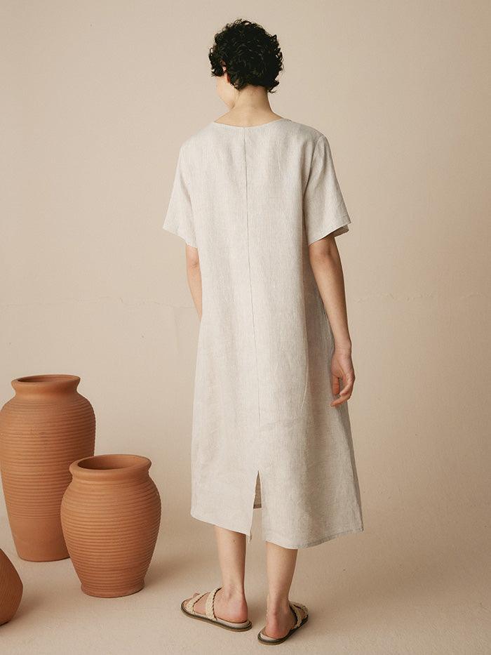 100% Linen Pocket Caftan Midi-Dress ESME - DRESSES-Linen Maxi