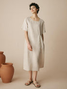 100% Linen Pocket Caftan Midi-Dress ESME - DRESSES-Linen Maxi