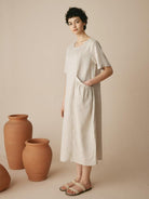 100% Linen Pocket Caftan Midi-Dress ESME - DRESSES-Linen Maxi