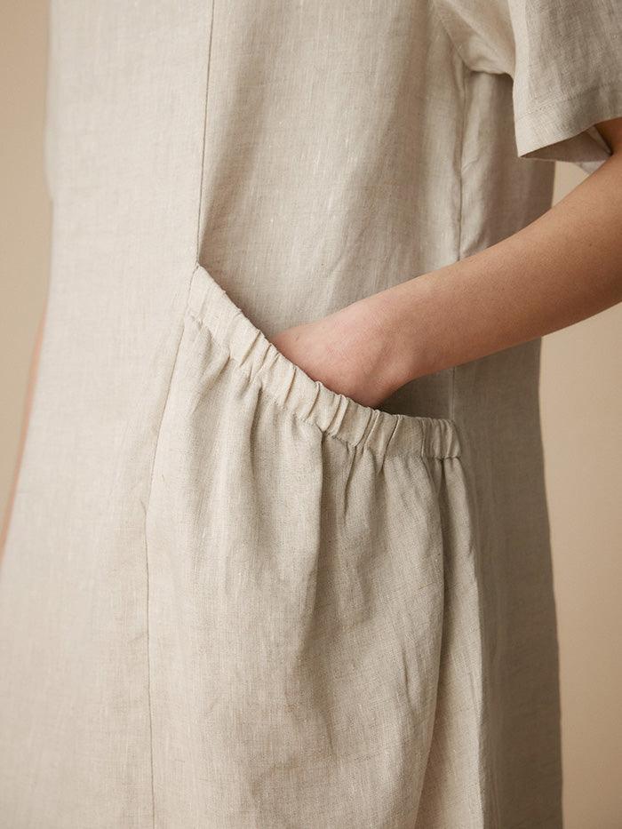 100% Linen Pocket Caftan Midi-Dress ESME - DRESSES-Linen Maxi