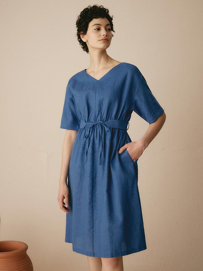 Linen V-Neck Belted Dress SERENA - Sea Blue / S - DRESSES-Linen Midi