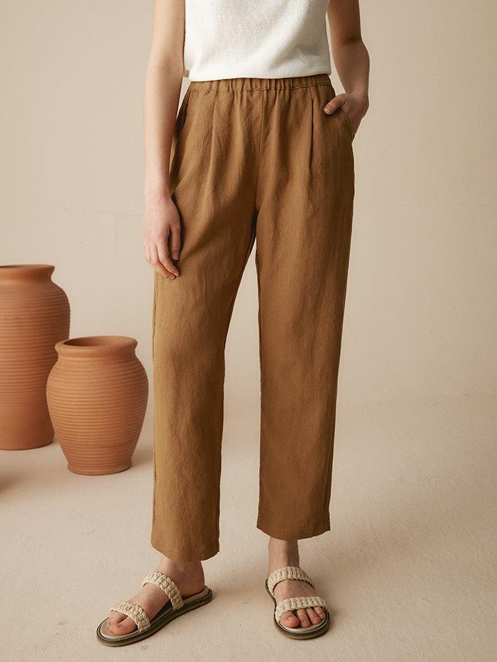100% Linen Tapered Pants - Cinnamon Brown / S - BOTTOMS-Linen
