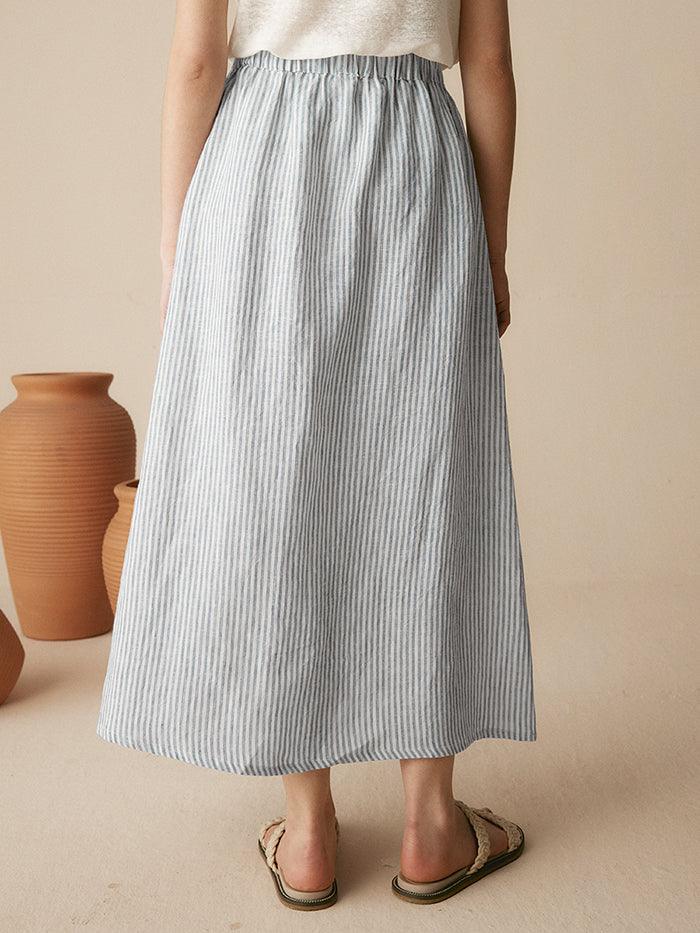 100% Striped Linen Long A-Line Skirt - BOTTOMS-Linen Skirts