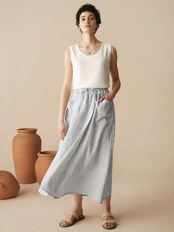 100% Striped Linen Long A-Line Skirt - BOTTOMS-Linen Skirts